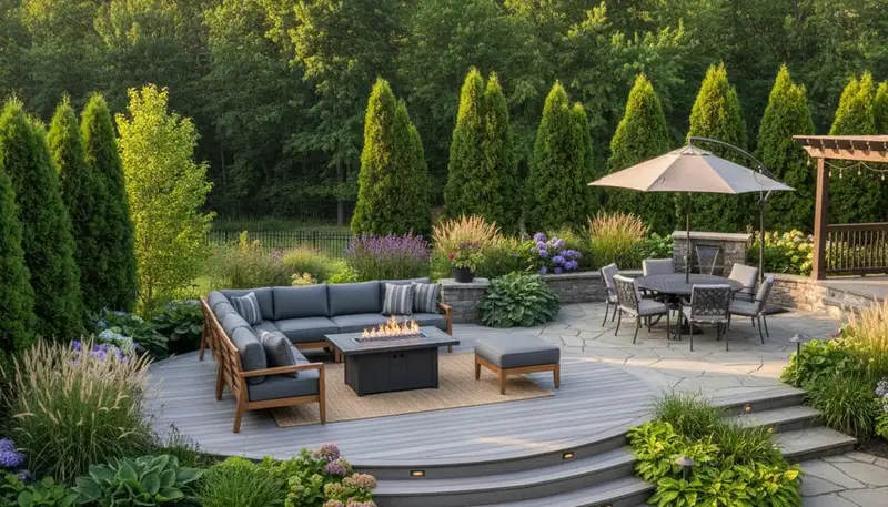 Backyard patio landscaping with lighting and seating by Chop Chop Landscaping in Des Moines, Iowa