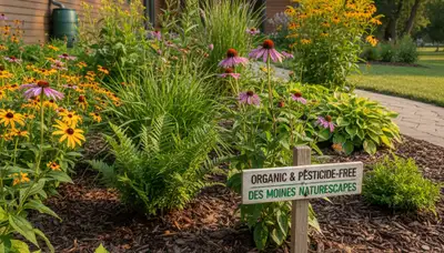 Organic landscape beds with natural mulch and native plants in Des Moines, IA by Chop Chop Landscaping