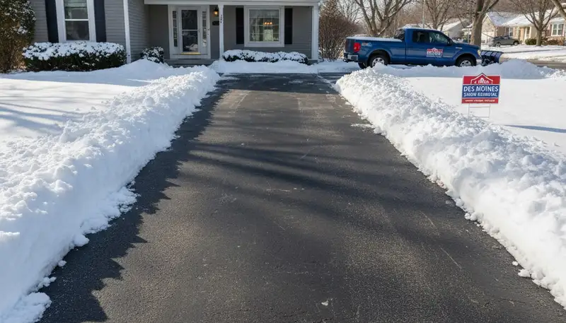 Cleared residential driveway after professional snow removal by Chop Chop Landscaping in Des Moines, IA