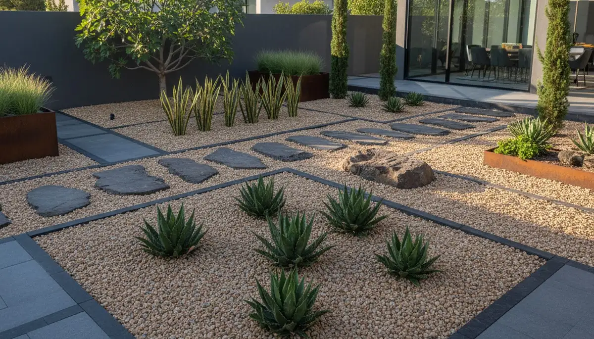 Modern pea gravel landscape with geometric design by Chop Chop Landscaping in Des Moines, IA