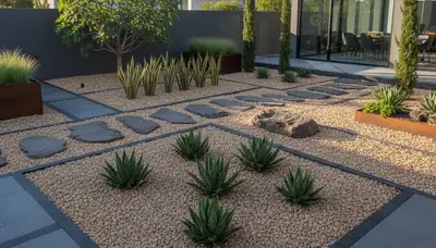 Modern pea gravel landscape with geometric design by Chop Chop Landscaping in Des Moines, IA