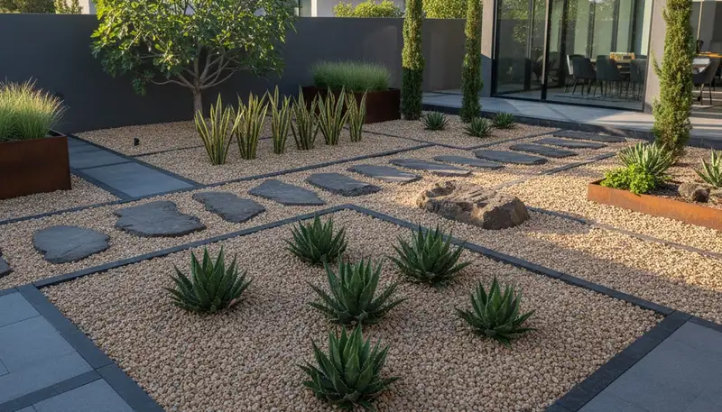 Modern pea gravel landscape with geometric design by Chop Chop Landscaping in Des Moines, IA