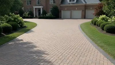 Curved paver driveway design by professional landscapers in Des Moines, IA showcasing expert craftsmanship