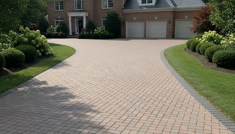 Curved paver driveway design by professional landscapers in Des Moines, IA showcasing expert craftsmanship