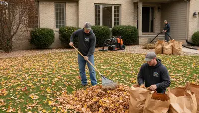 Technicians performing fall leaf removal during yard clean up in Des Moines, IA residential property