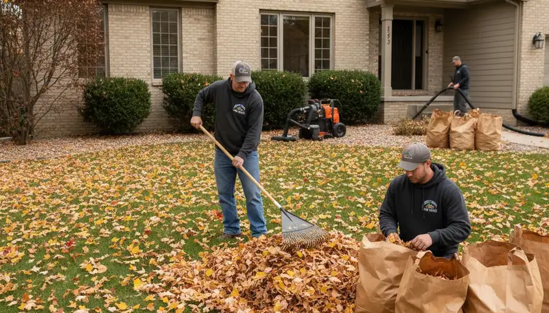 Technicians performing fall leaf removal during yard clean up in Des Moines, IA residential property