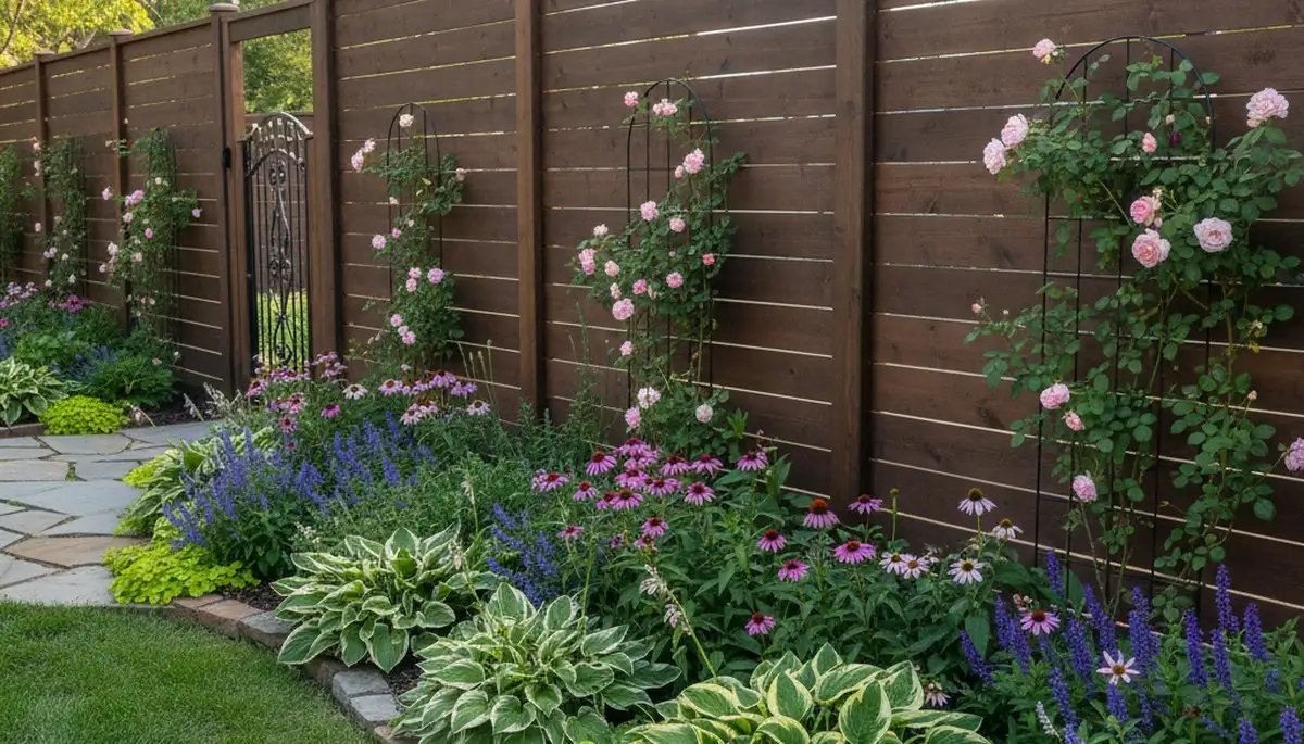 Professional fence with integrated landscape plants in Des Moines, IA by Chop Chop Landscaping