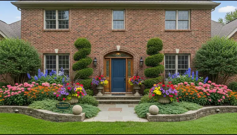 Front yard curb appeal landscaping with colorful plants and shrubs in Des Moines, IA homes