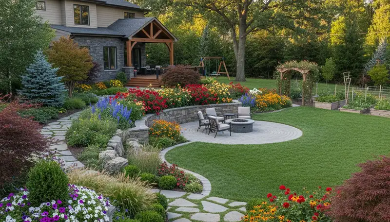 Full property landscape transformation with gardens and hardscape by Chop Chop Landscaping Des Moines IA