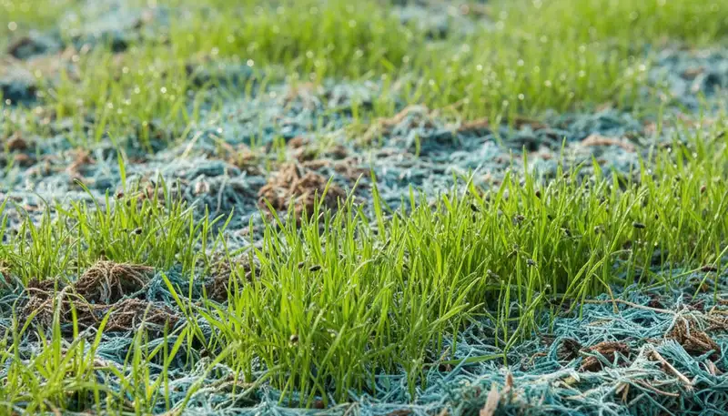 Young grass seedlings emerging from hydroseeded soil in Des Moines, IA lawn by Chop Chop Landscaping