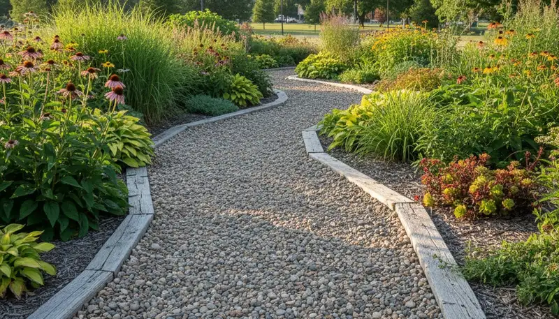 Pea gravel garden pathway with landscaping plants in Des Moines, IA by Chop Chop Landscaping