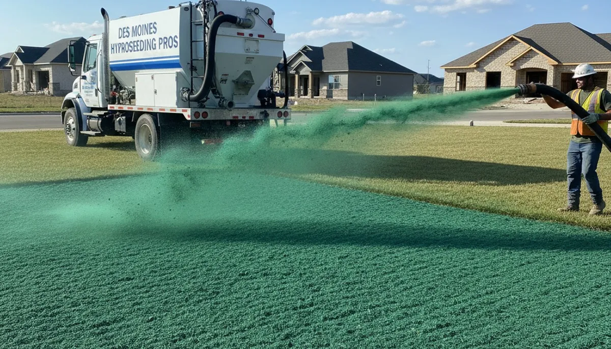 Hydroseeder truck spraying green slurry on new lawn in Des Moines, IA by Chop Chop Landscaping