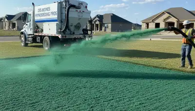 Hydroseeder truck spraying green slurry on new lawn in Des Moines, IA by Chop Chop Landscaping