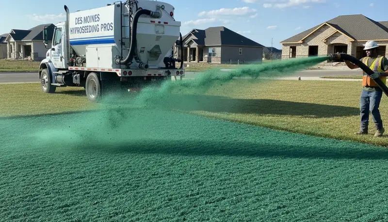 Hydroseeder truck spraying green slurry on new lawn in Des Moines, IA by Chop Chop Landscaping
