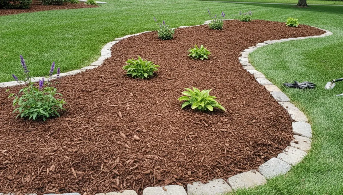 Before and after mulch installation transforming bare soil into a polished landscape bed in Des Moines, IA