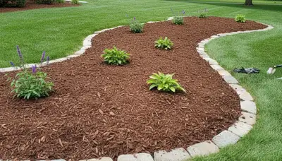 Before and after mulch installation transforming bare soil into a polished landscape bed in Des Moines, IA