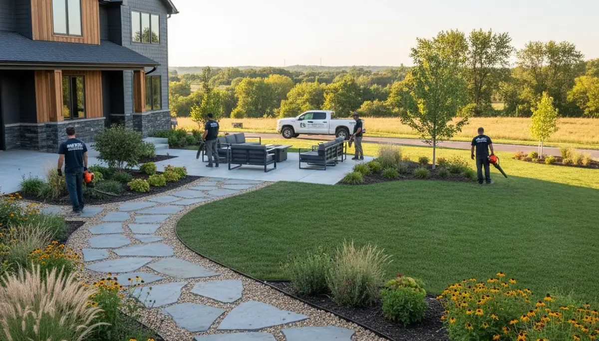 Professional landscaping team providing lawn care services in Des Moines, IA