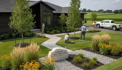 Landscaping crew providing lawn care services in Des Moines, IA