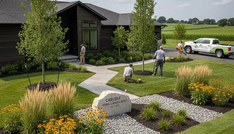 Landscaping crew providing lawn care services in Des Moines, IA