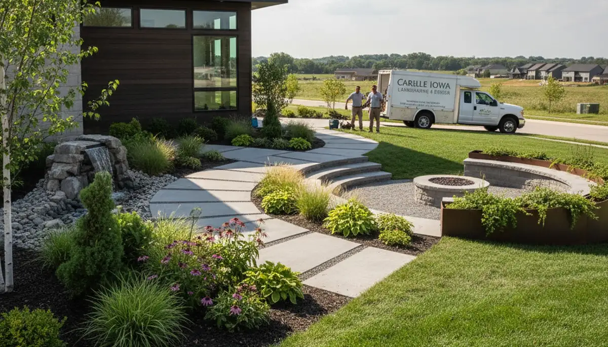 Des Moines, IA landscaping crew providing professional lawn care and yard maintenance services
