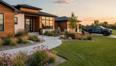 Des Moines, IA landscaping crew providing professional lawn care for residential and commercial properties
