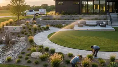 Landscaping crew providing lawn care services in Des Moines, IA