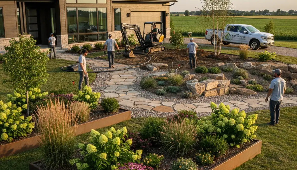 Des Moines, IA landscaping service team maintaining a healthy, well-kept lawn for a local property