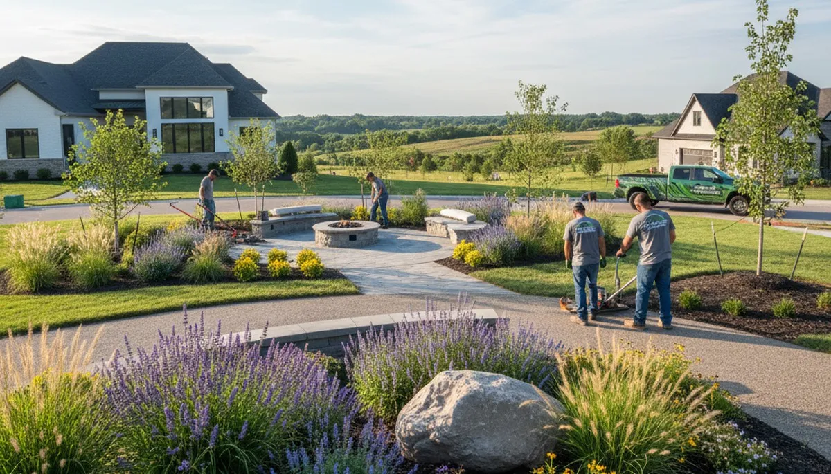 Professional landscaping team providing lawn care services in Des Moines, IA