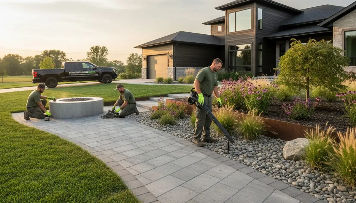Des Moines, IA landscaping crew providing professional lawn care for a business property