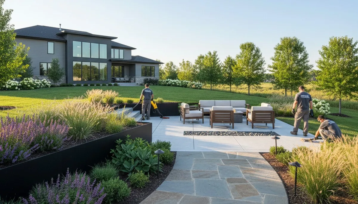 Des Moines, IA landscaping crew providing professional lawn care for a commercial property