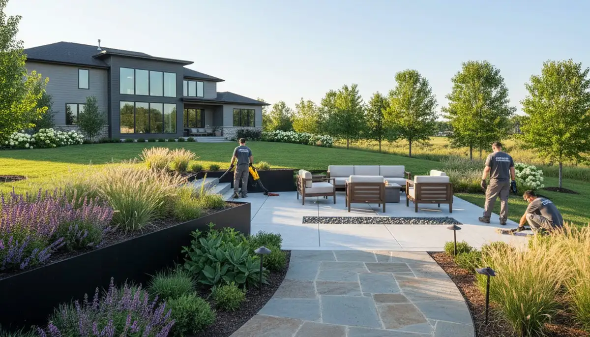 Des Moines, IA landscaping crew providing professional lawn care for a commercial property