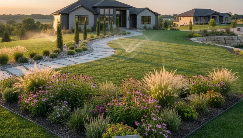 Des Moines, IA landscaping crew providing professional lawn care for residential and commercial properties