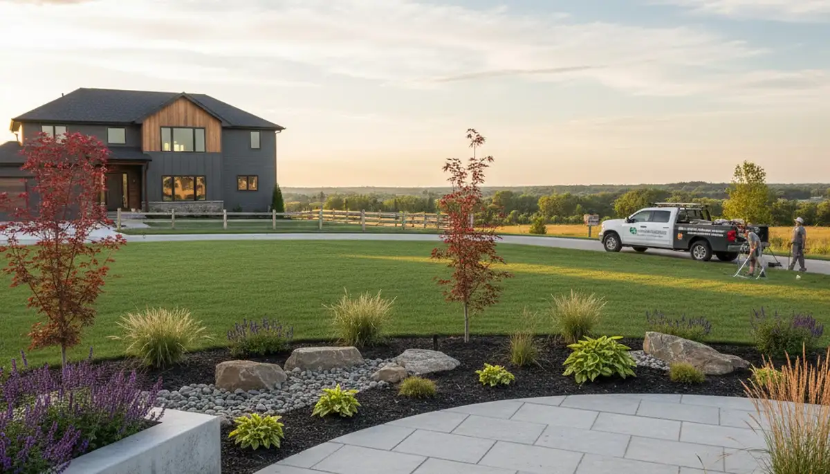 Landscaping crew serving Des Moines, IA with professional lawn care and yard maintenance