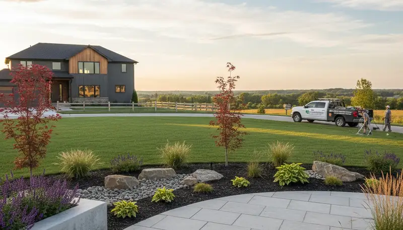 Landscaping crew serving Des Moines, IA with professional lawn care and yard maintenance