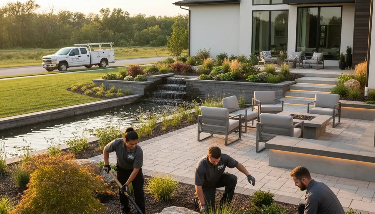 Des Moines, IA landscaping crew providing professional lawn care for a residential property