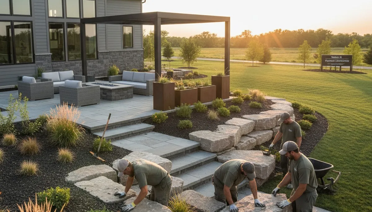 Des Moines, IA landscaping crew providing professional lawn care for a residential yard