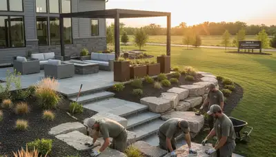 Des Moines, IA landscaping crew providing professional lawn care for a residential yard