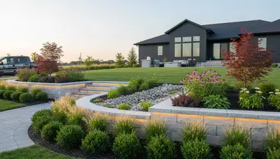 Des Moines, IA landscaping crew maintaining a manicured residential lawn with professional lawn care tools