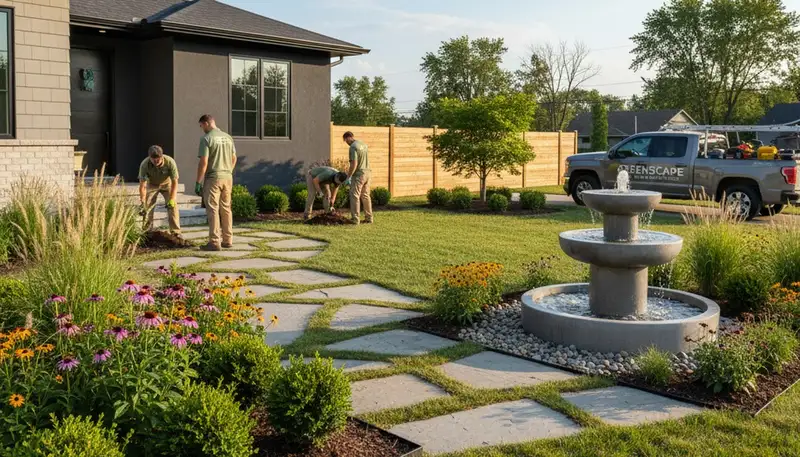 Des Moines, IA landscaping crew maintaining a residential lawn with professional lawn care service