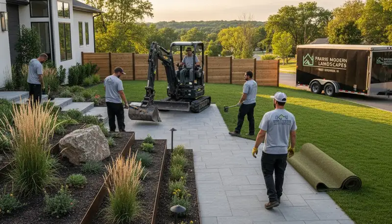 Des Moines, IA landscaping crew providing professional lawn care and yard maintenance services