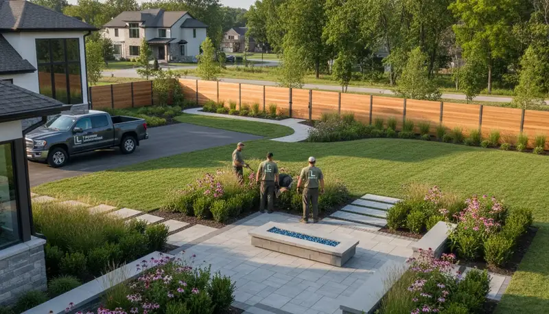 Landscaping crew providing lawn care service in Des Moines, IA