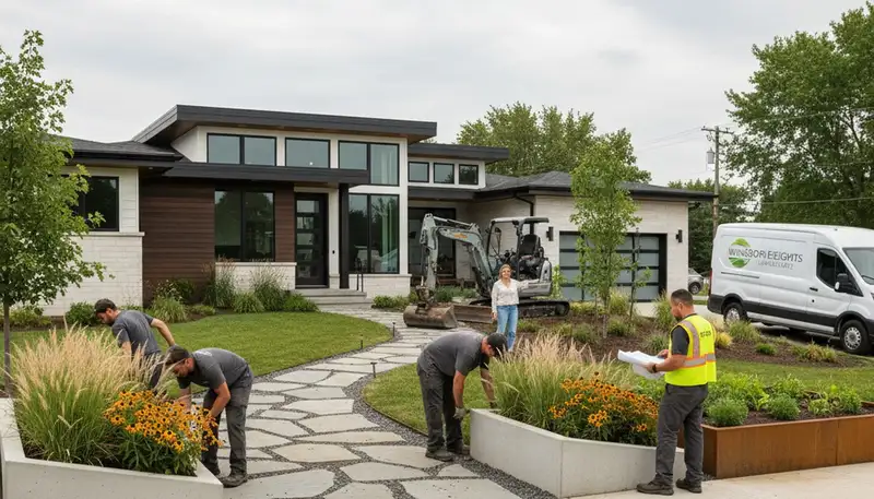 Des Moines, IA landscaping team maintaining a lush residential lawn with professional lawn care services