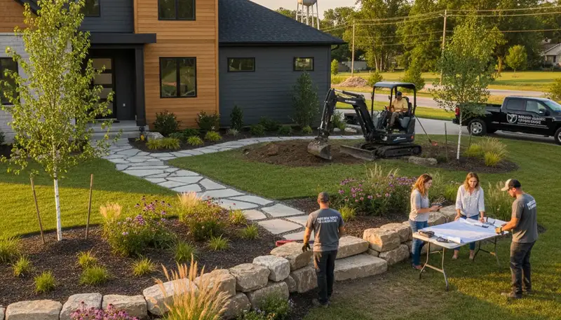 Des Moines, IA landscaping crew providing professional lawn care and yard maintenance services