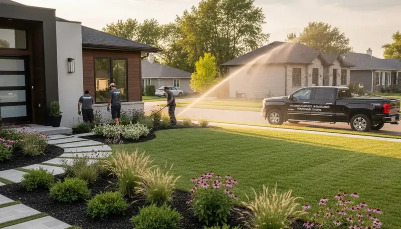Des Moines, IA landscaping crew providing professional lawn care and yard maintenance services