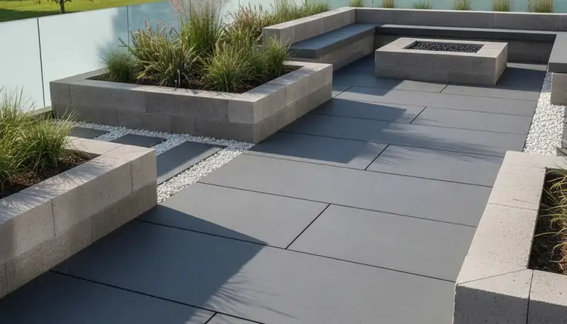 Modern large stone slab patio installation by professional landscapers in Des Moines, Iowa
