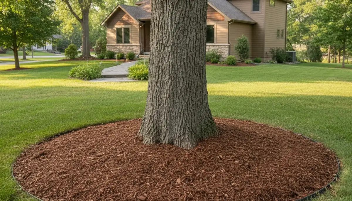 Professional circular mulch ring around tree base by Chop Chop Landscaping in Des Moines, IA