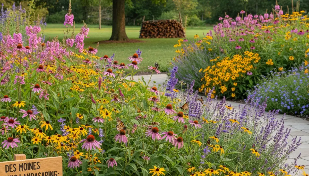 Native pollinator garden with bee‑friendly flowers and butterflies in organic landscaping, Des Moines IA