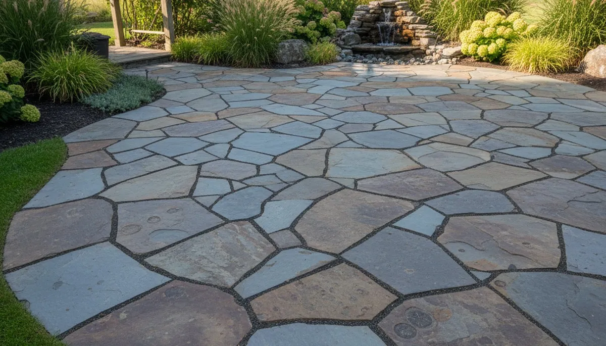 Flagstone patio with natural stone pavers installed by Chop Chop Landscaping in Des Moines, IA