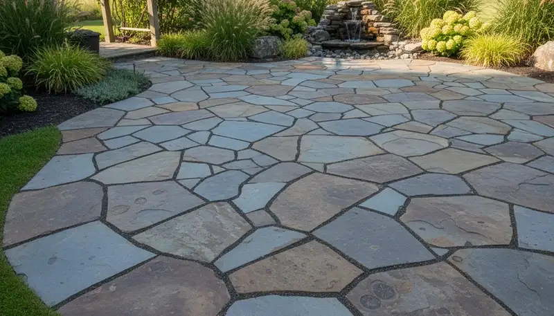 Flagstone patio with natural stone pavers installed by Chop Chop Landscaping in Des Moines, IA