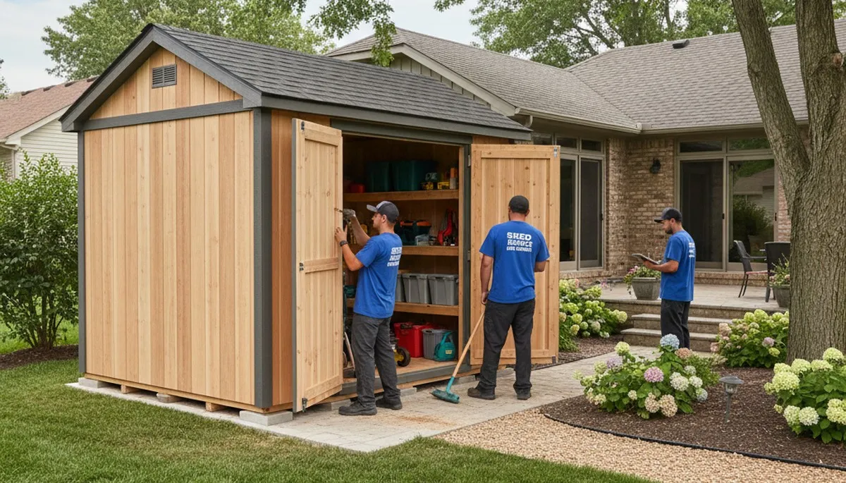 New backyard shed installation by Chop Chop Landscaping in Des Moines, IA showcasing quality craftsmanship